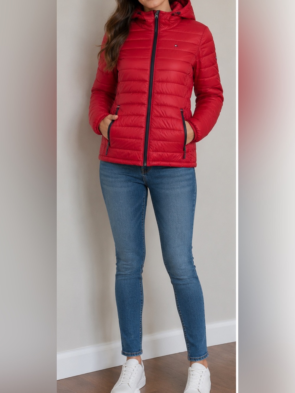 Tommy Hilfiger Hooded Puffer Jacket Red Full Zip Quilted Coat Size S
